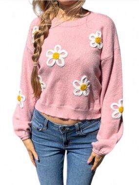Sweaters | Pastel Pink Knit Cropped Balloon Sleeve Embroidered Daisy ...